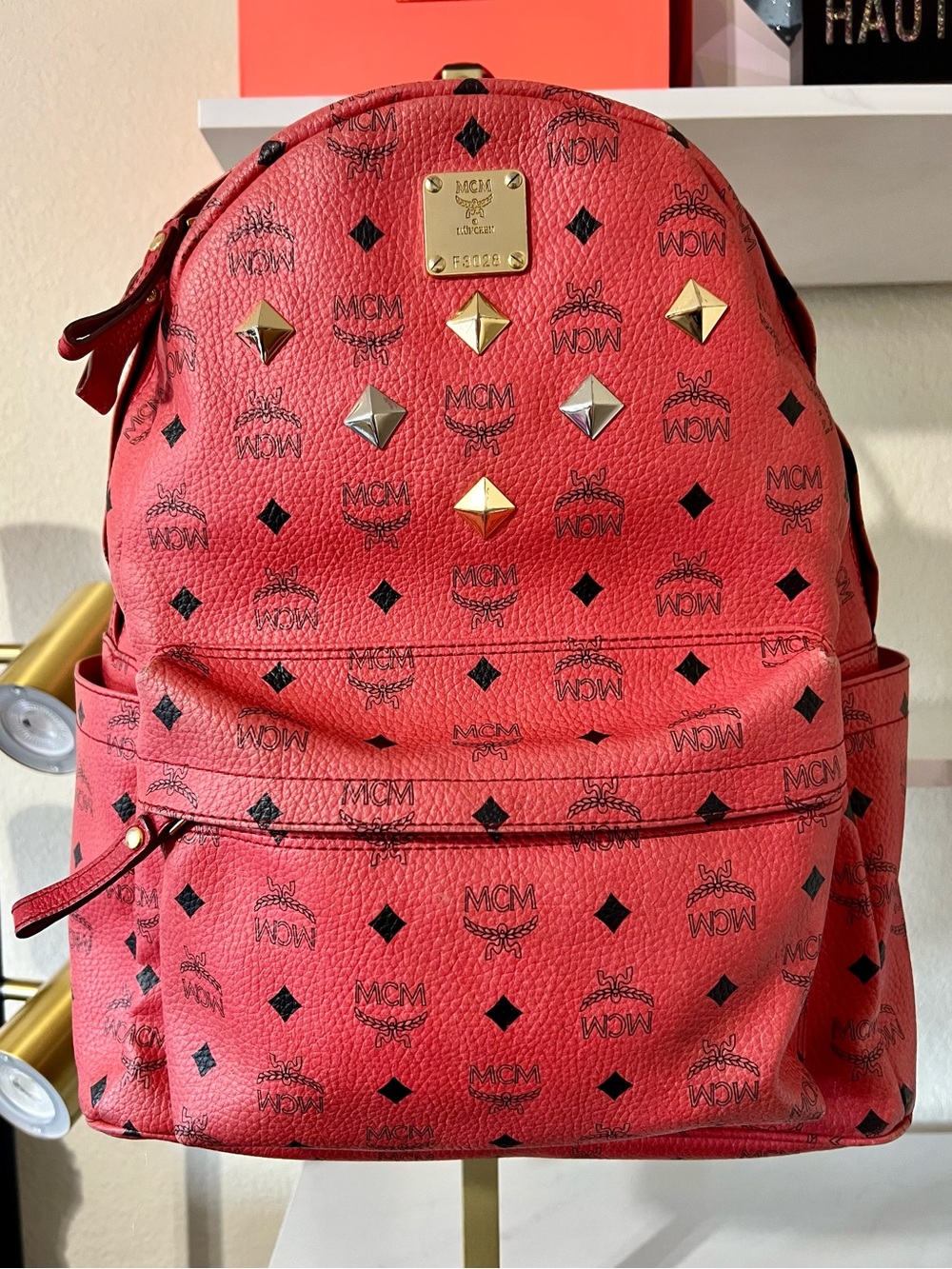 MCM Visetos Stark Studded Backpack Coral Red
